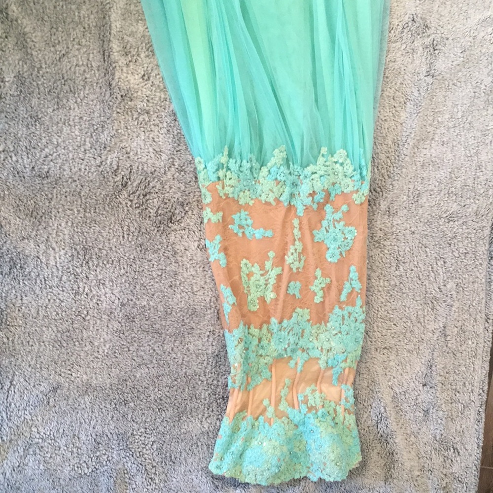 Sherri hill aqua and tan prom dress